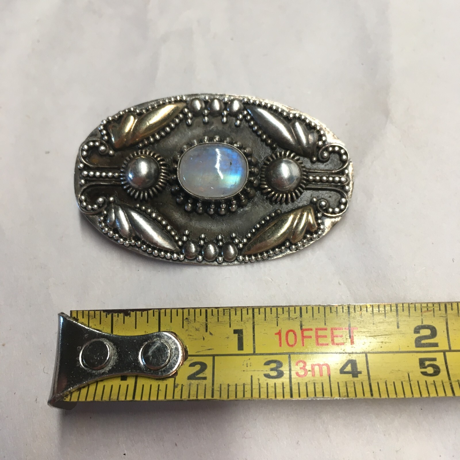 925 Sterling Silver Gold Wash 2 Tone Moonstone Brooch 1-5/8”