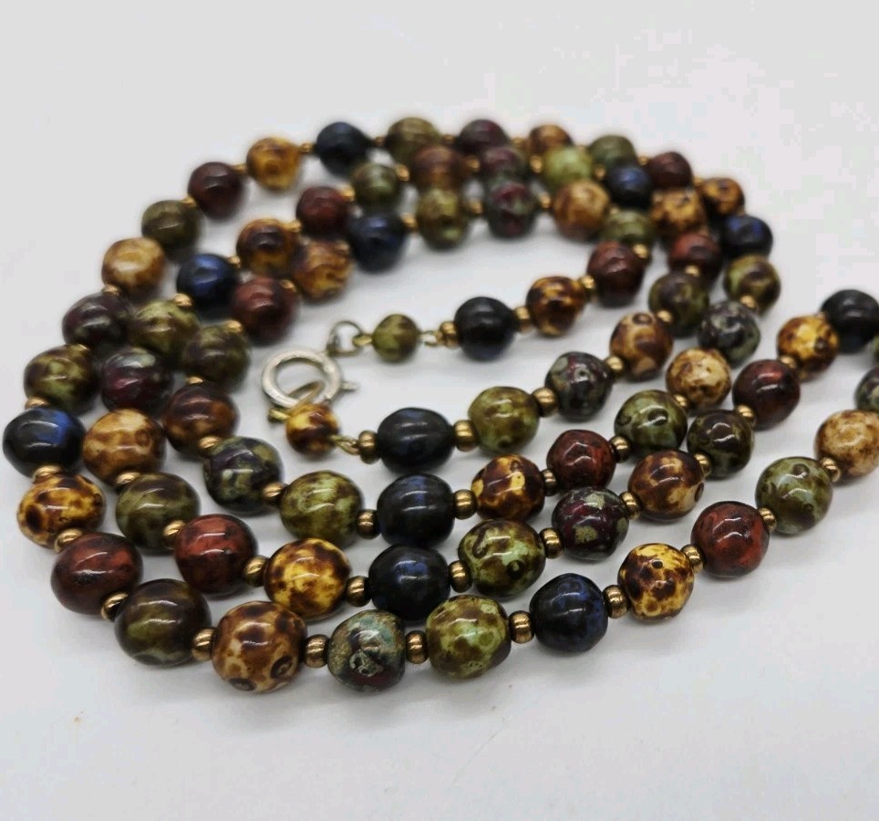 Vintage Faux Scottish Agate Stone Murano Glass Beaded Necklace Earth Tones 30 in