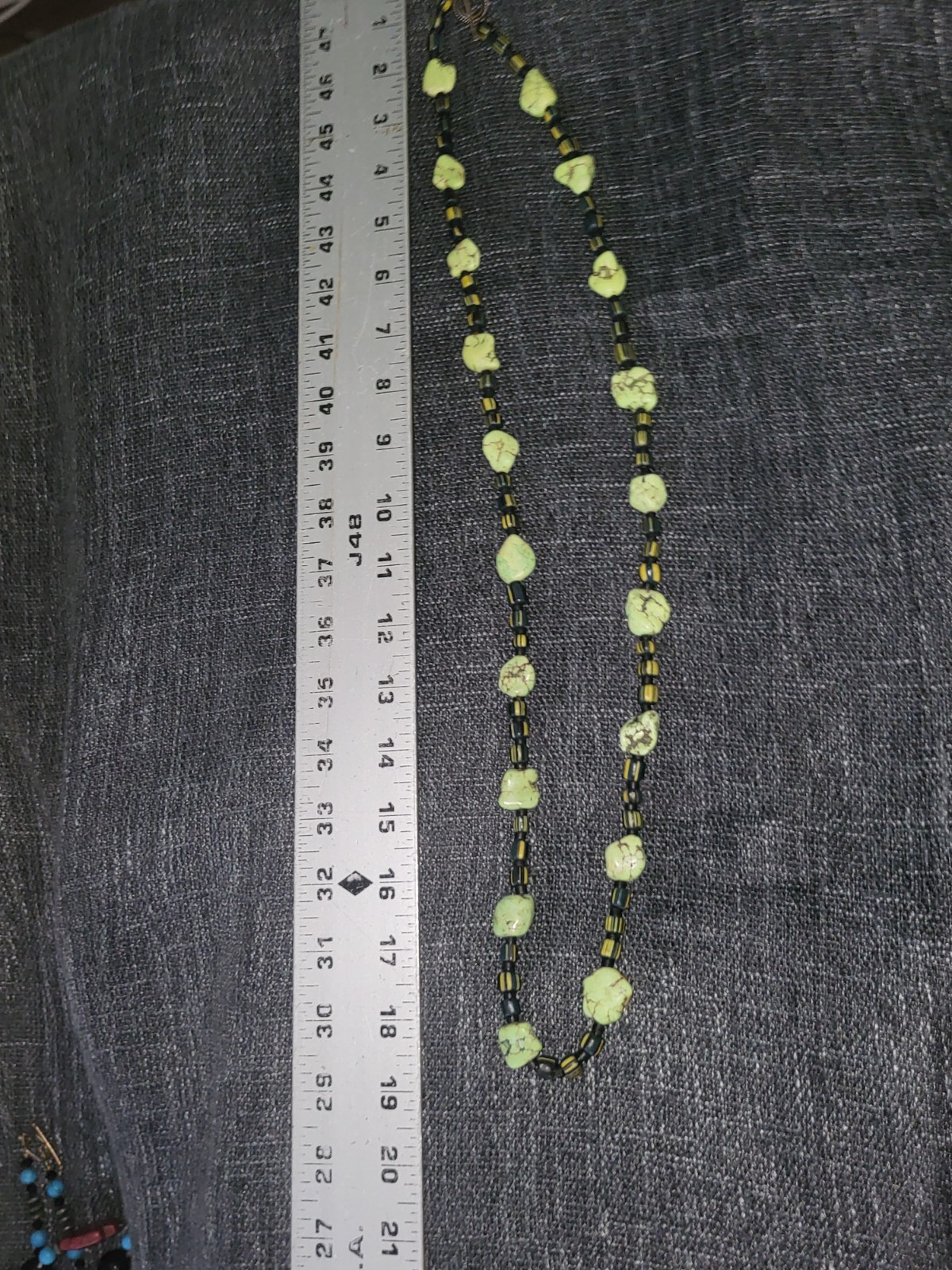 ​Vintage Global Folk Art Beaded Necklace, Green Stone & Striped Glass Beads