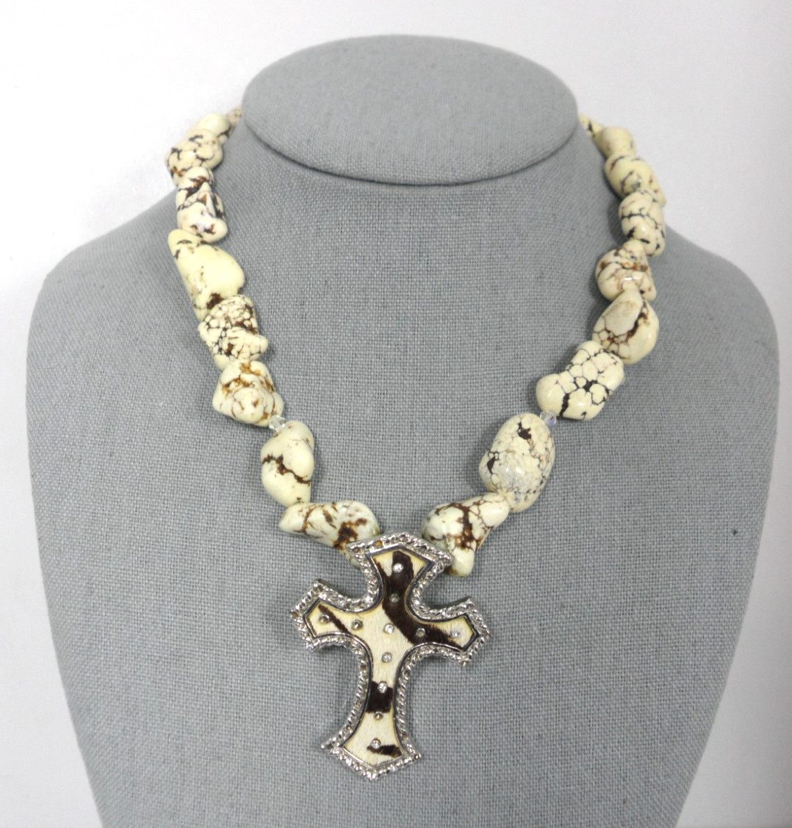 Cowhide Cross Pendant Necklace White Turquoise Nugget Beads Country Cow Girl Vtg