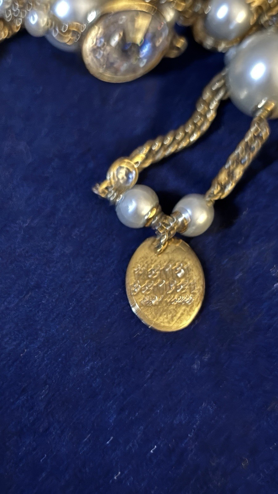 Vintage Signed Henri Bendel 2 Strand Faux Pearls Crystal Station Necklace 42”