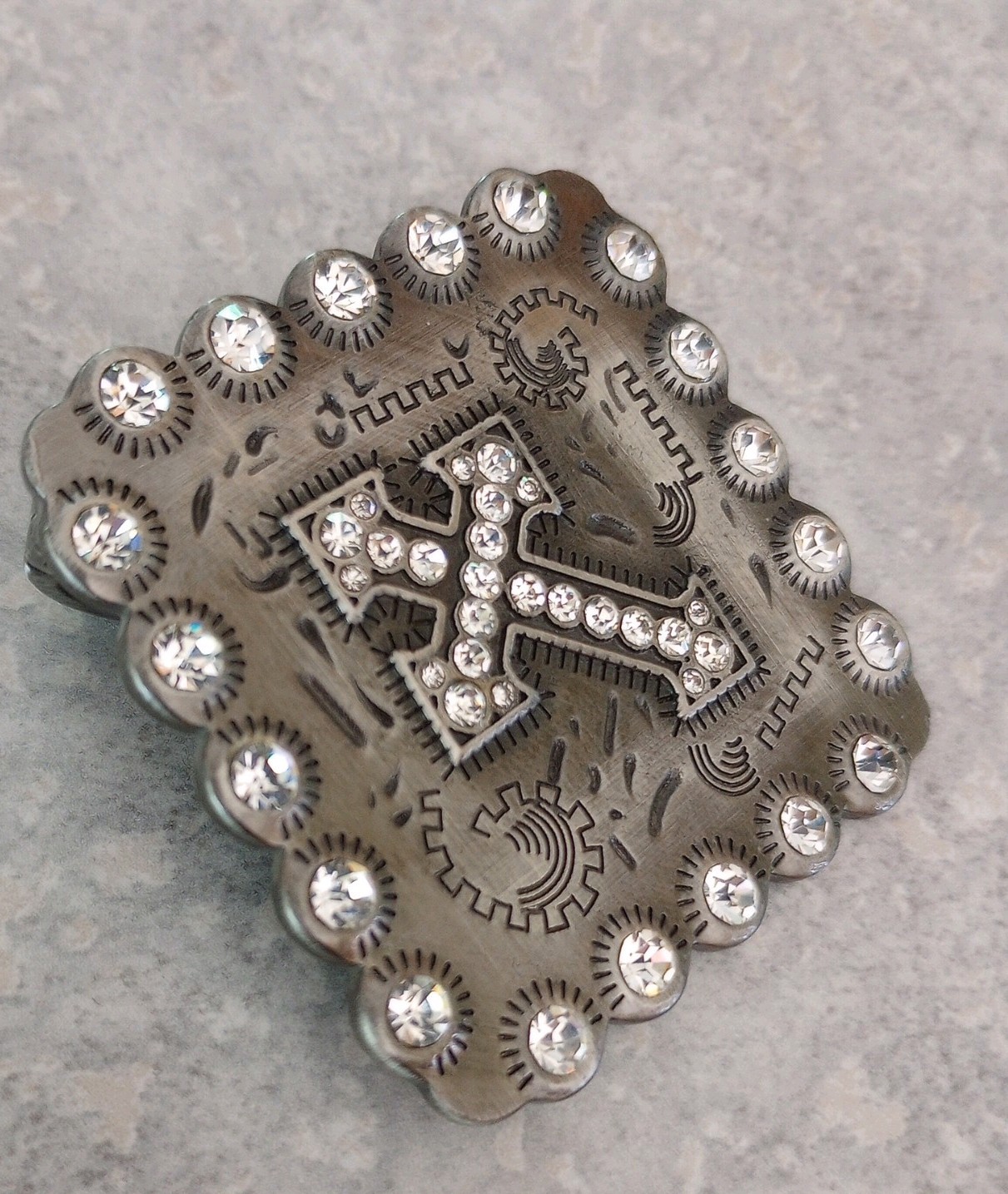 BHW Concho Rhinestone Silver Tone Western Cross Pendant 2.25″ & Magnetic Clasp