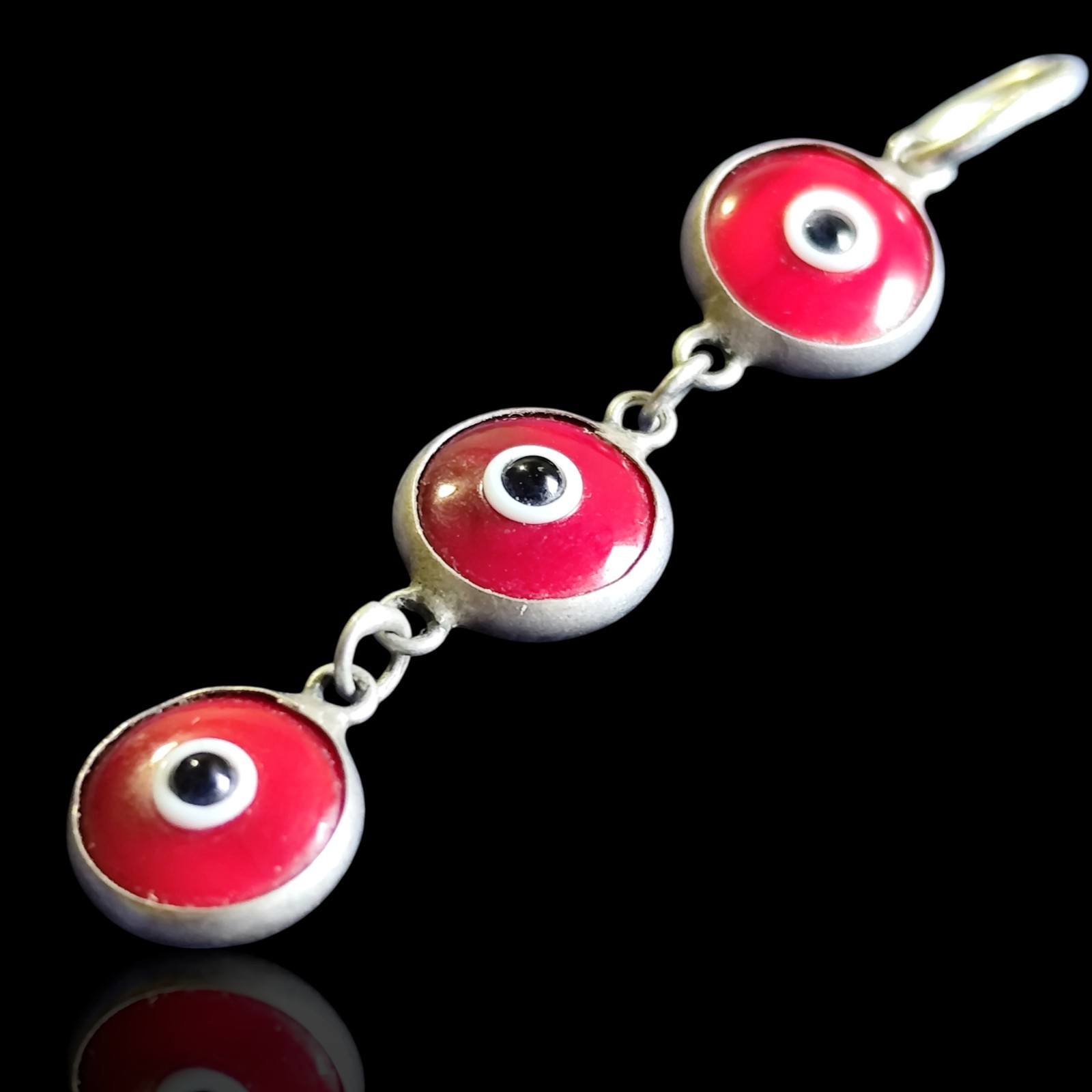 Vtg Sterling Silver Bezel Set Red Art Glass Evil Eye Dangle Drop Pendant Charm