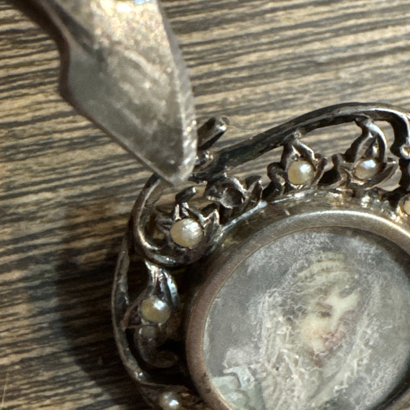 Antique Miniature Hand Painted Lady Rococo Portrait Brooch Seed Pearls READ