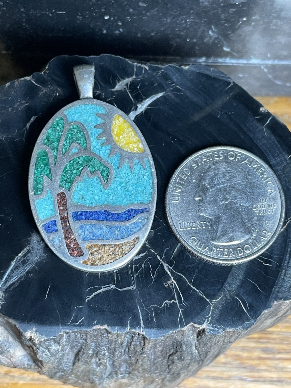 Sterling Silver Coleman CCO Palm Tree Chip Inlay Tropical Pendant 42mm x 25mm