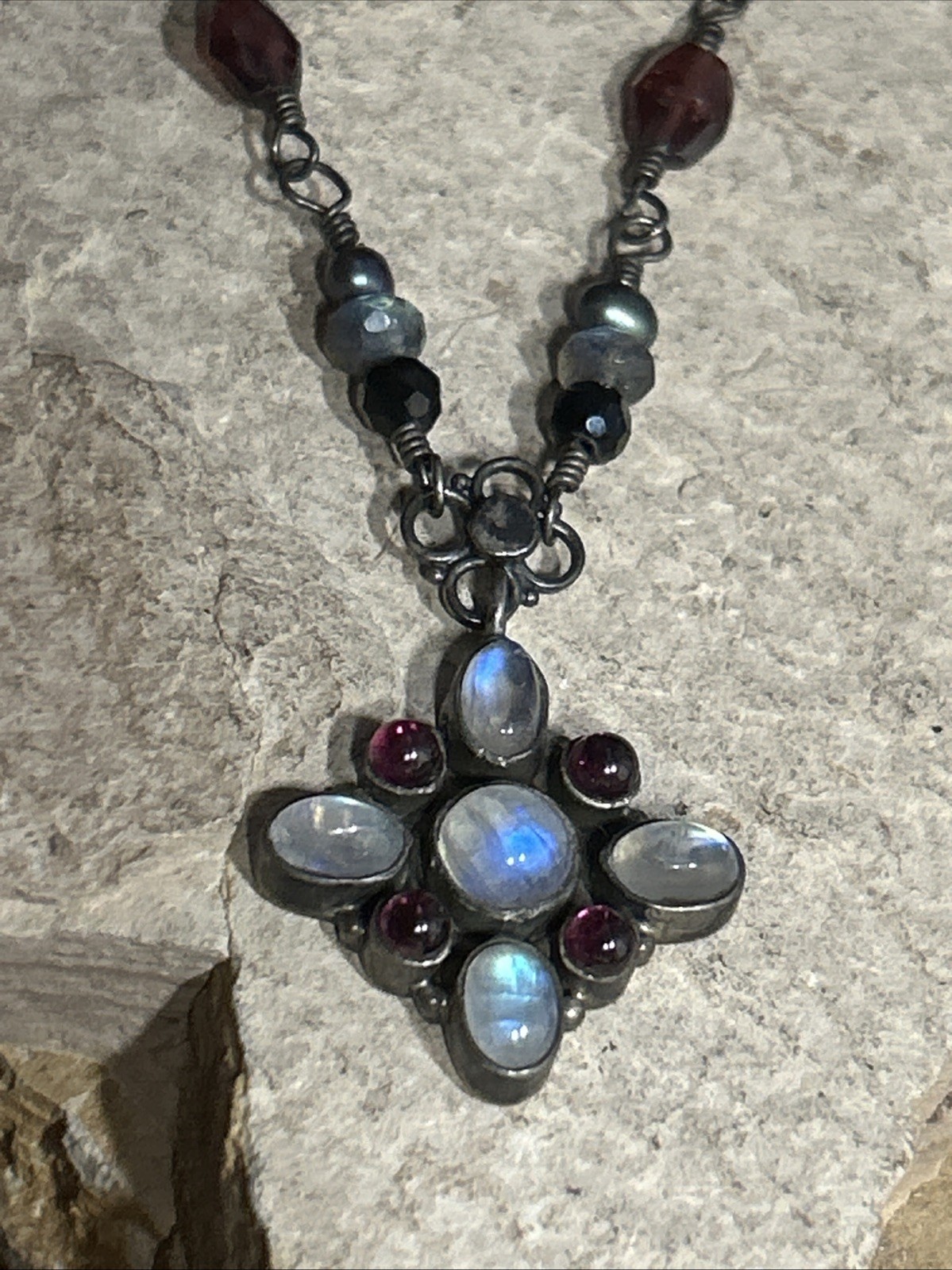 34. Vintage 925 Sterling Wire Wrapped Multi Gemstone Link Cross Necklace 16″
