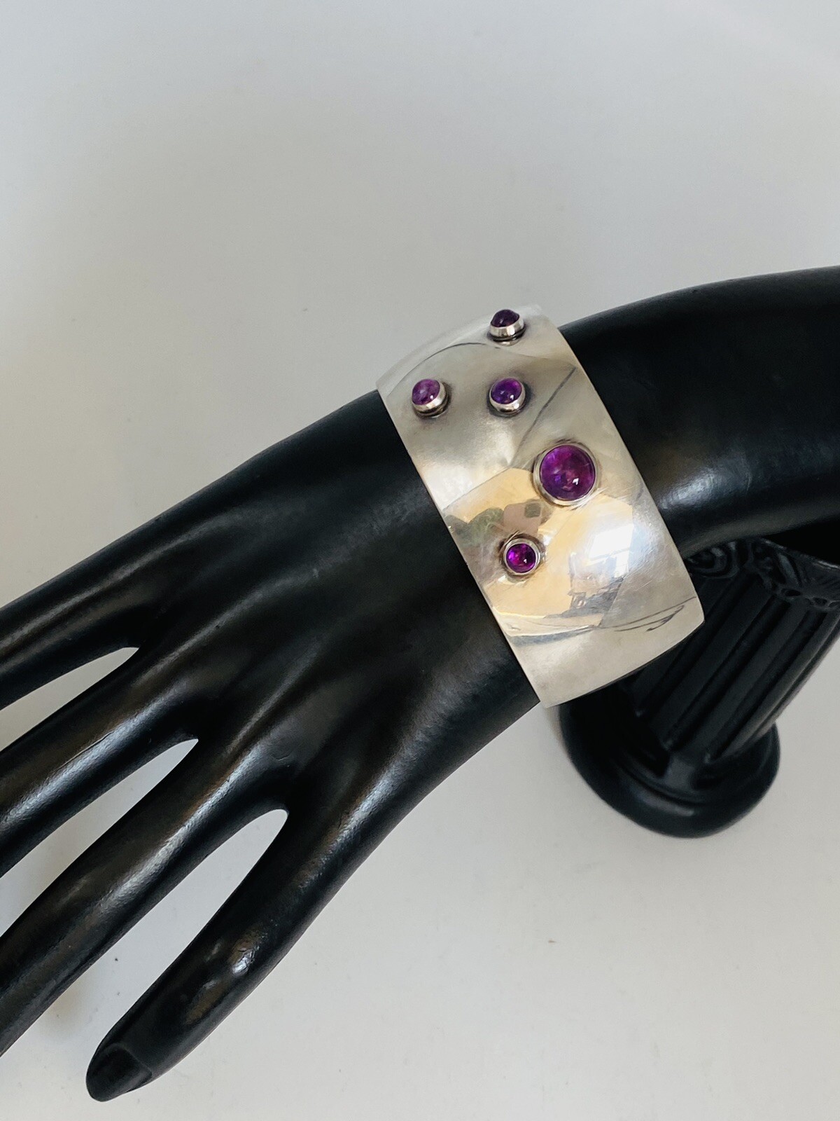Heavy Vintage N E FROM Denmark Sterling Silver Amethyst Modernist Cuff Bracelet