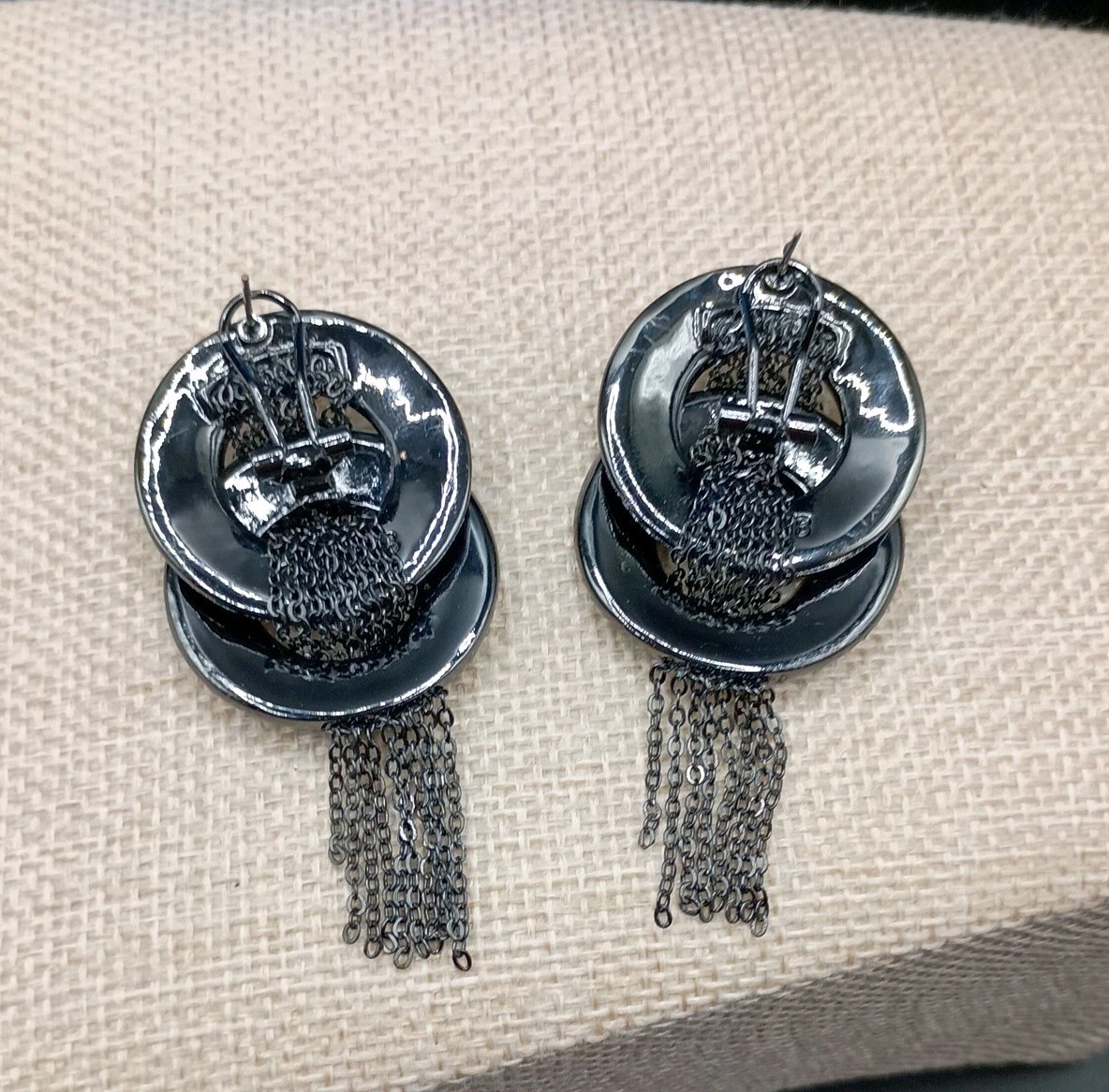 Joan Boyce Rhinestone Pierced Earrings Tassel Hoop Black HSN Signed In Box VTG