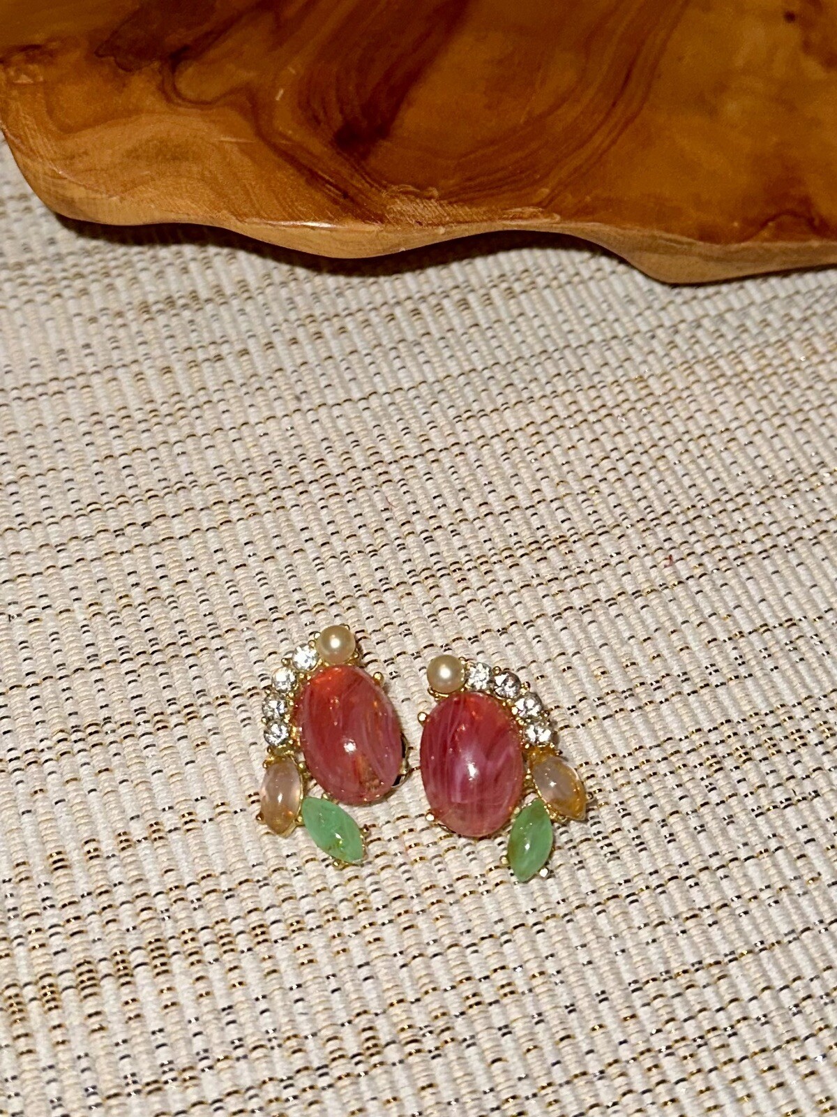 Vintage GAY BOYER Pink Cabochon And Faux Pearl Clip Earrings