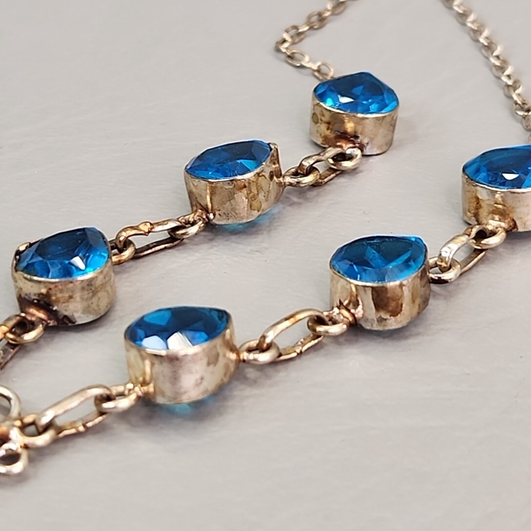 Vintage Glass Bead Necklace Blue Beads Pink Quartz Artisan Silver Tone 18.75″