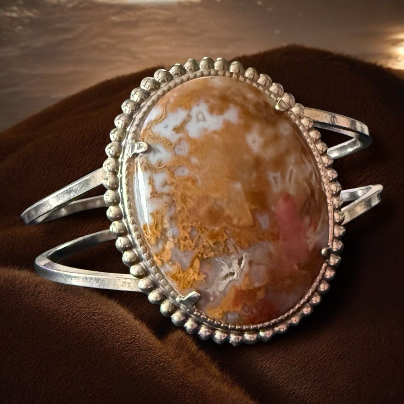 Silver Tone Agate Cuff Bracelet Vintage Blaze Orange Stone Small Wrist 5 Inches