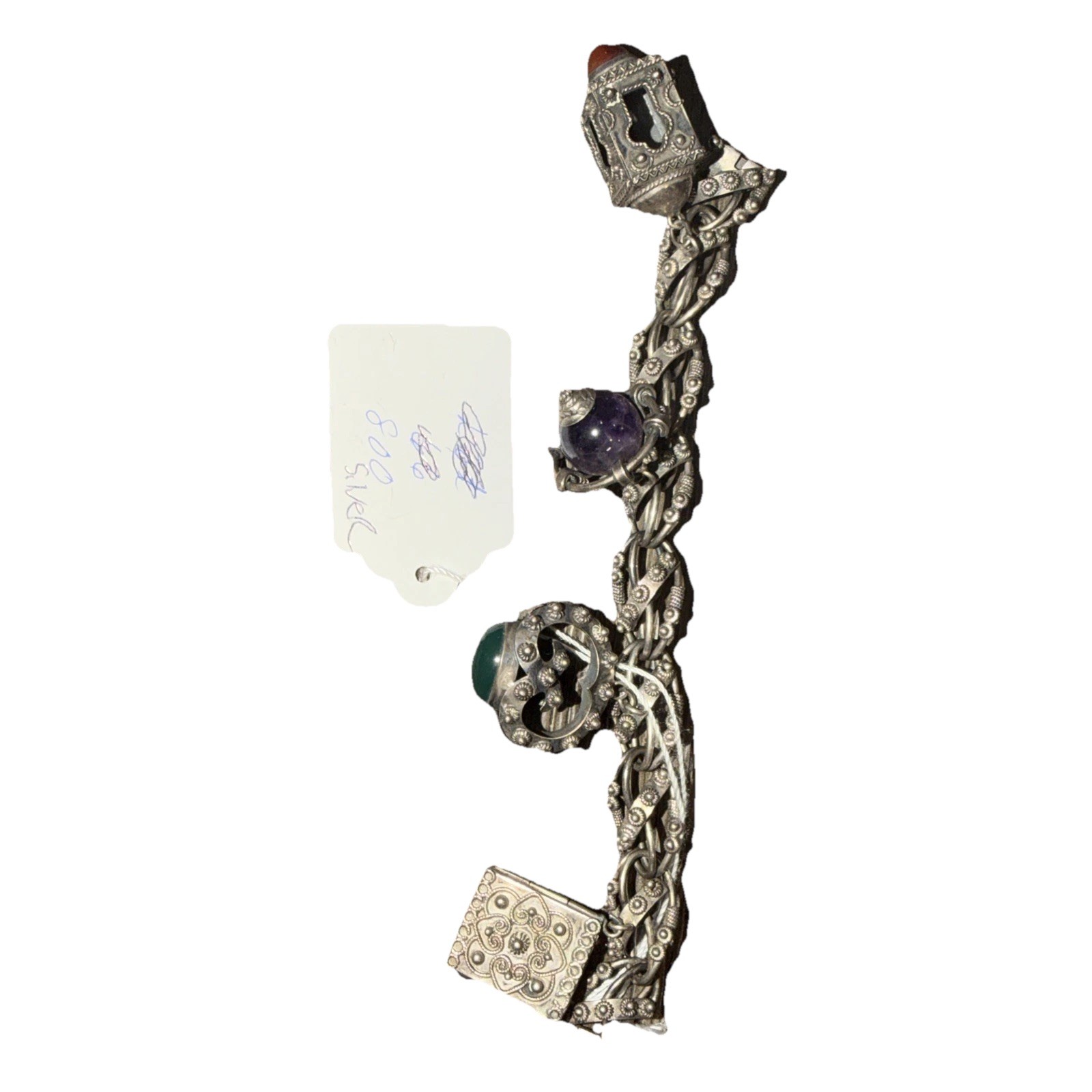 Vintage Etruscan Revival 800 Silver Fob Charm Bracelet Art Glass Stones 8″ Long