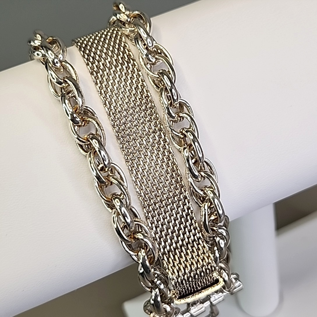 Vintage Mesh Chain Bracelet Silver Tone Layered 6.5″