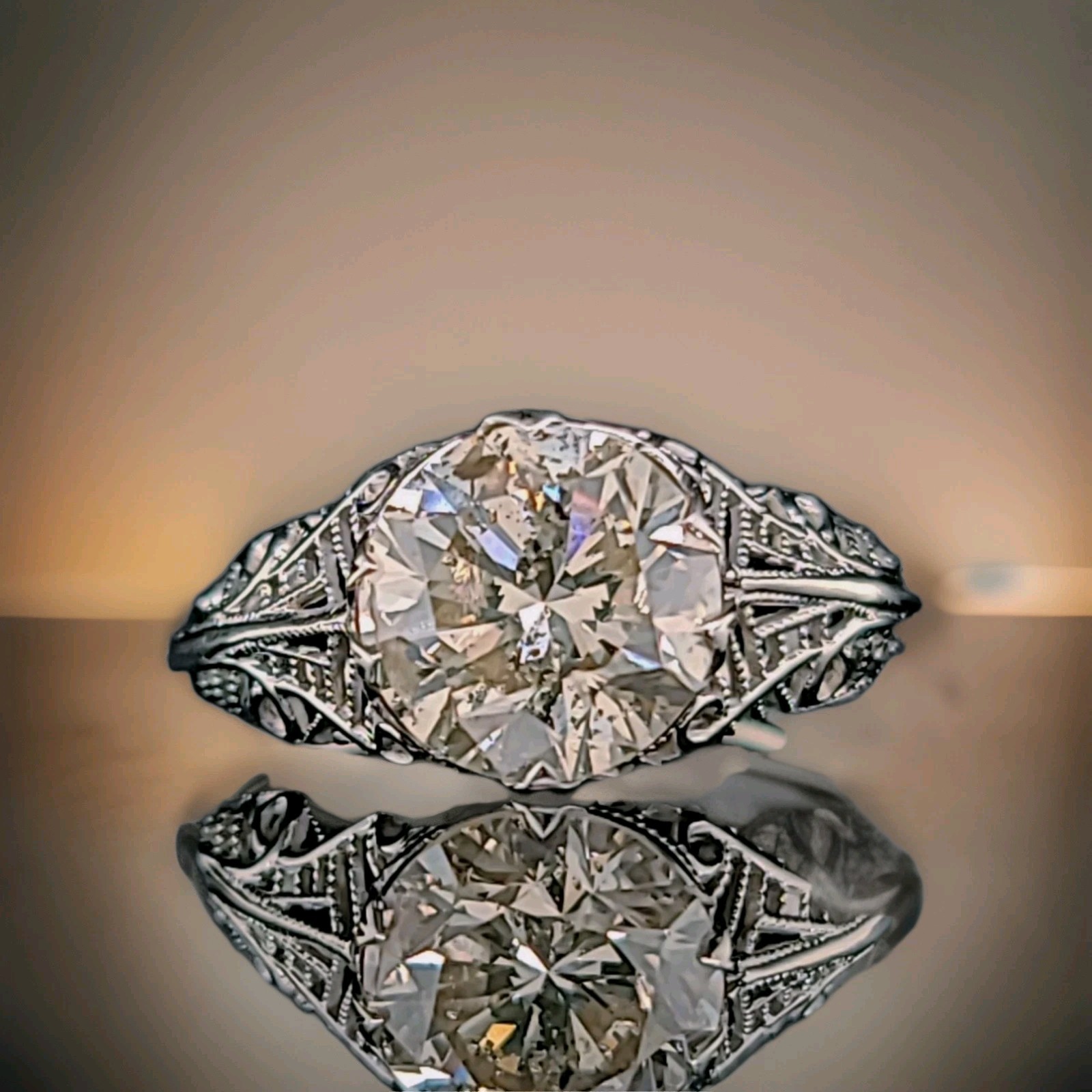 Vintage 18k White Gold Engagement Ring 2.75ct Natural Light Champagne Diamond