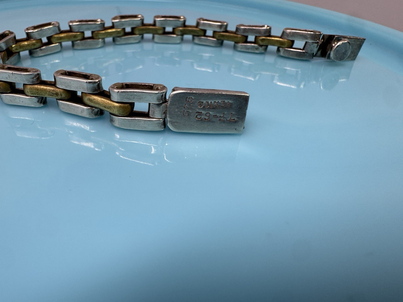 7” Vintage Sterling Silver Brass Taxco Mexico Chain Bracelet Link Tight Clasp 27