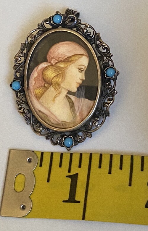 Vintage 800 Silver Filigree Blue Glass Hand Painted Portrait Brooch or Pendant