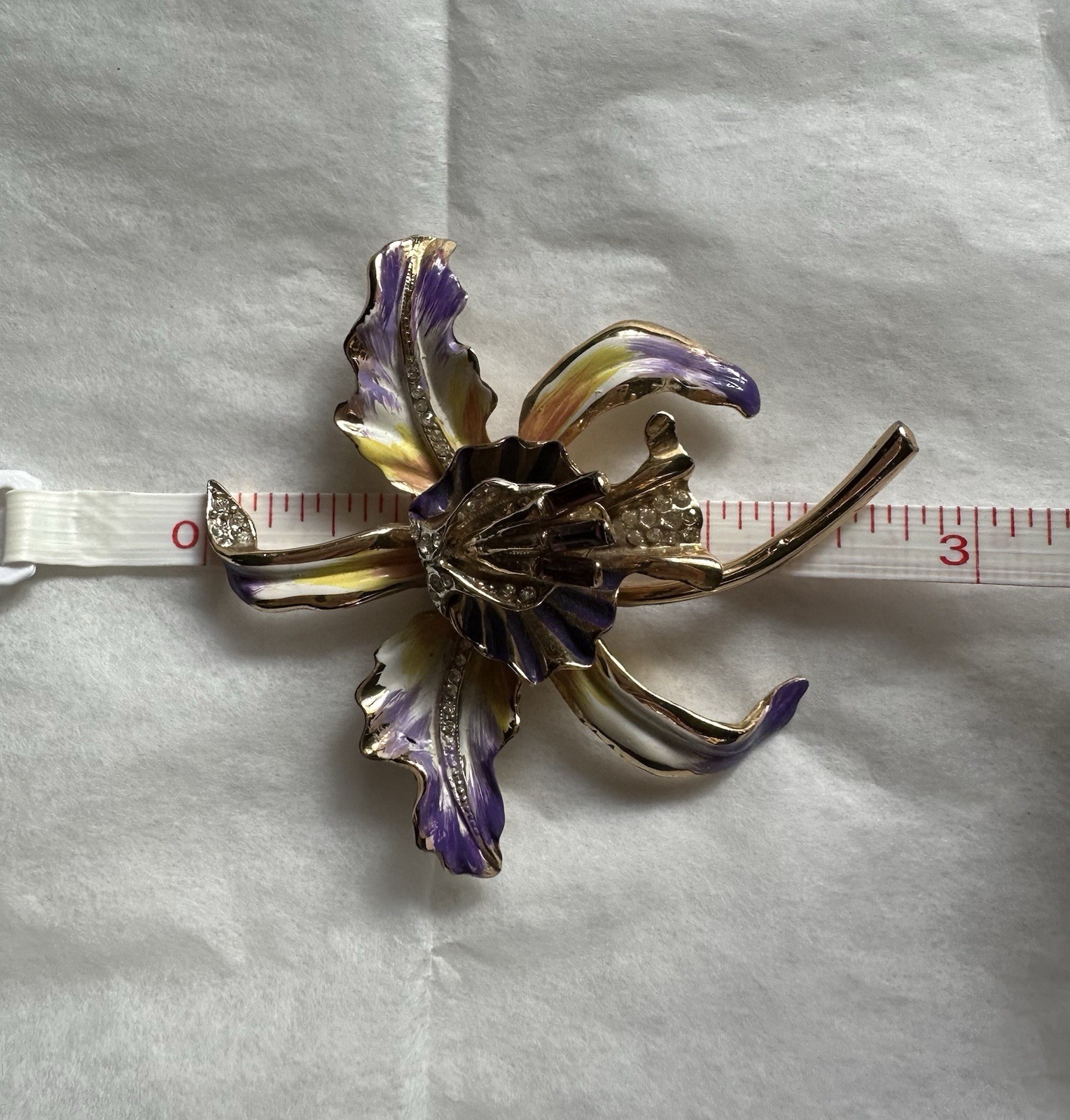 Coro Craft Vintage Pin Orchid Purple & Yellow Enamel Leaves Rhinestone Sterling