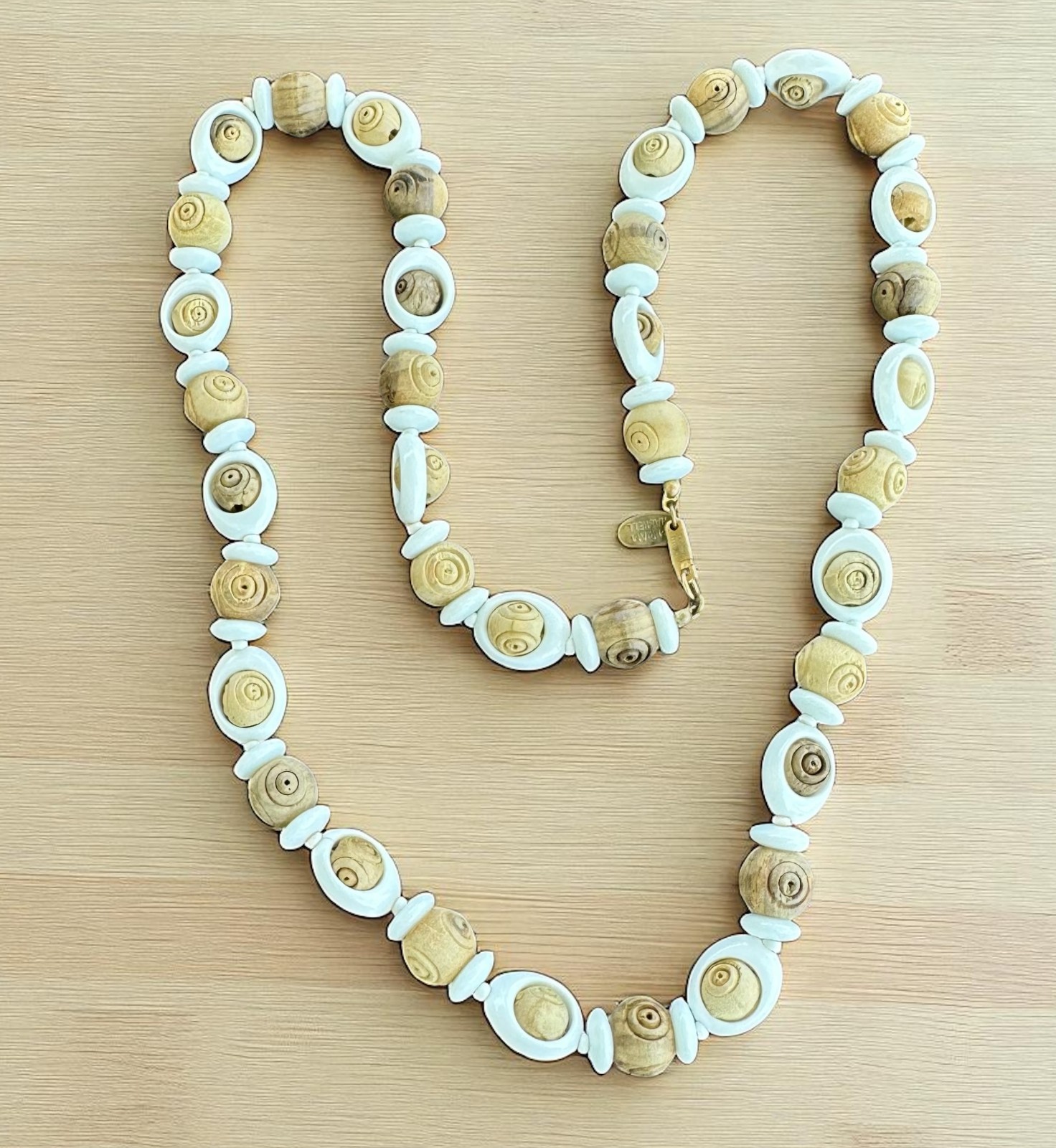 Vintage Miriam Haskell White Lucite and Carved Wood Beaded Necklace