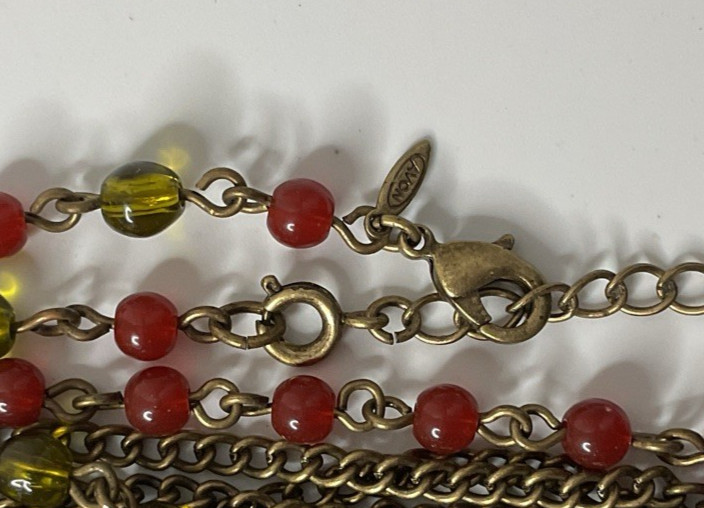 Vintage Avon Red Green Bead Layered Bib Necklace Gold Tone Finish 1054