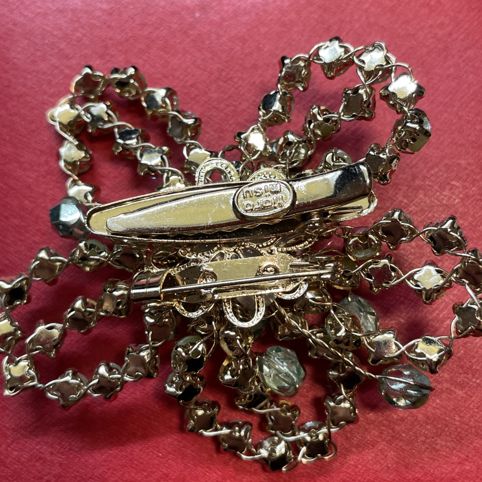 Vtg Tiara Misu Polychrome Flower Brooch Hair Clip Pin Green Rhinestones