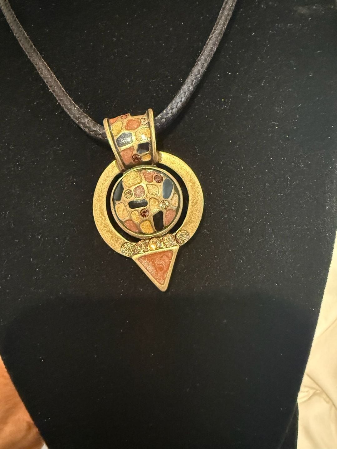 Chico’s Vintage Gold-Tone Mosaic Geometric Pendant Necklace on Black Cord
