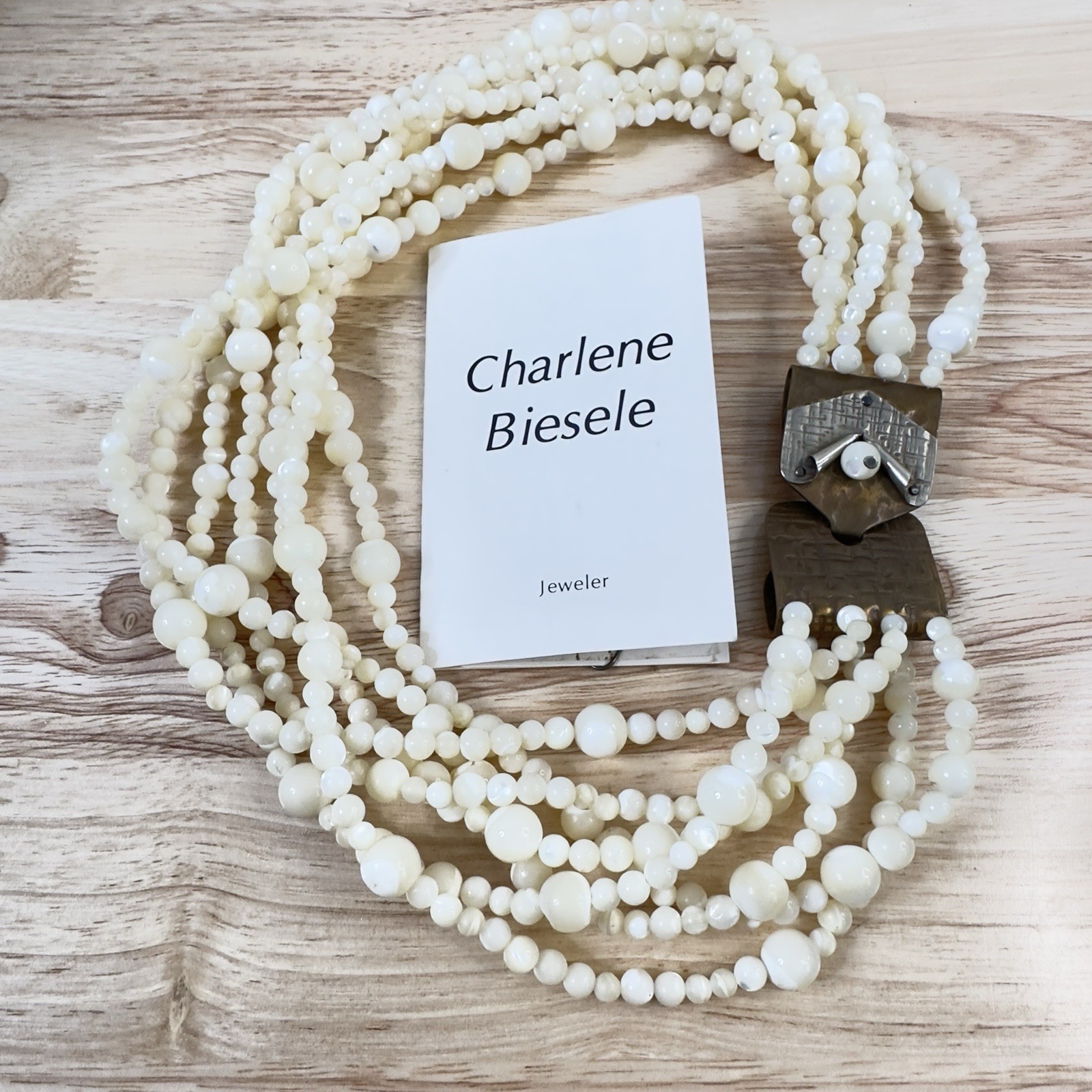 VTG Artisan Necklace Charlene Biesele Mother of Pearl Bead & Repousse Brass 20″