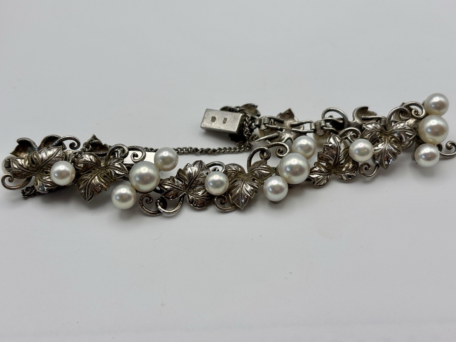 Authentic Vintage Mikimoto Silver Pearl Ornate Bracelet