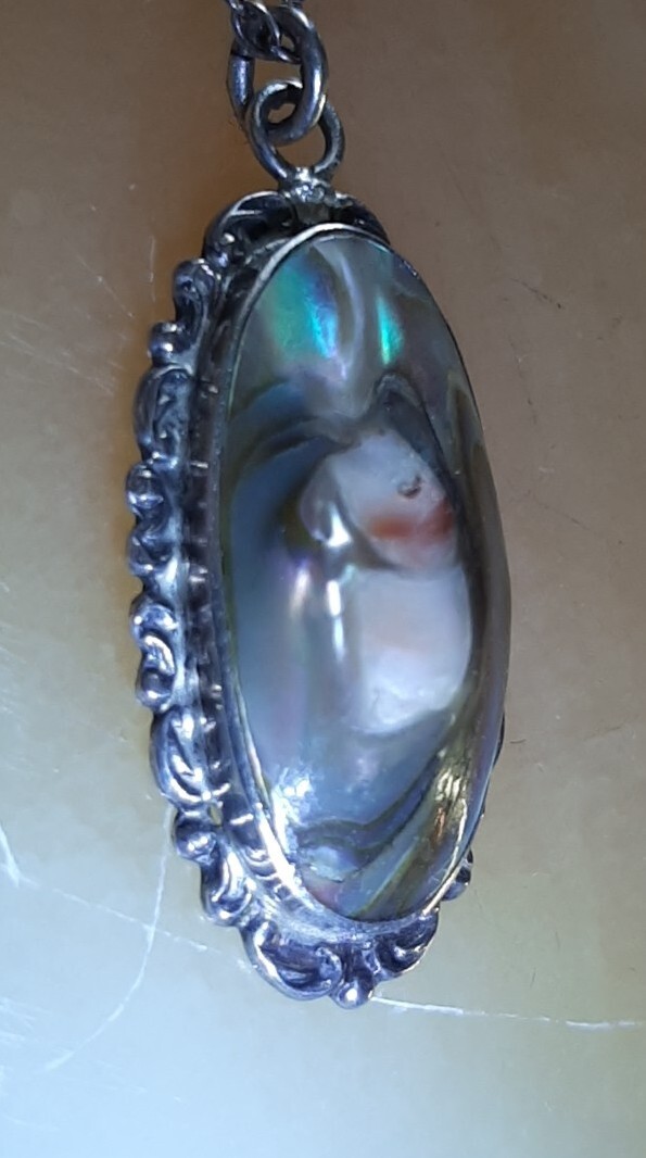 Vintg Pendant Necklace Blister Pearl Spiny Oyster Abalone Art Nouveau “STERLING”