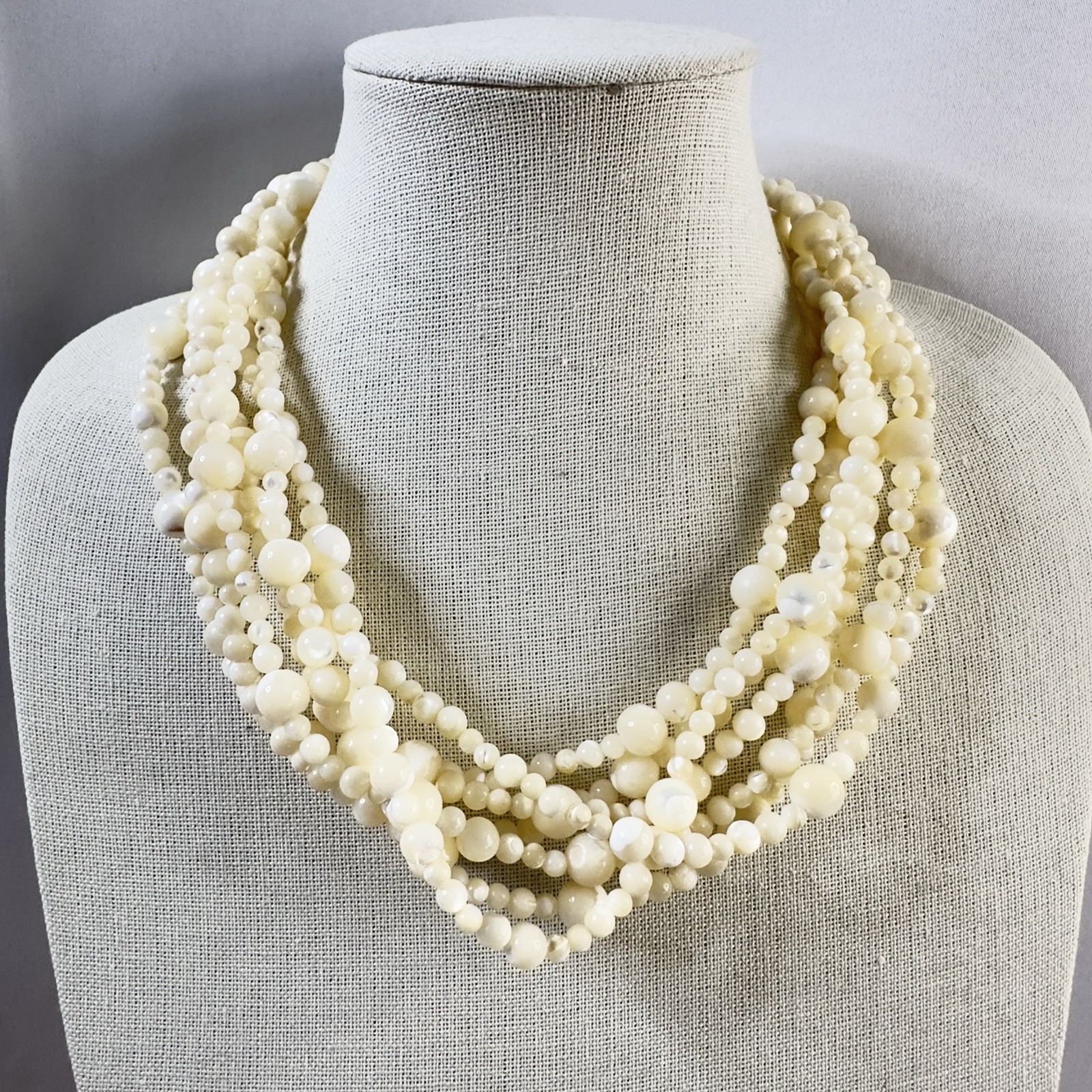 VTG Artisan Necklace Charlene Biesele Mother of Pearl Bead & Repousse Brass 20″