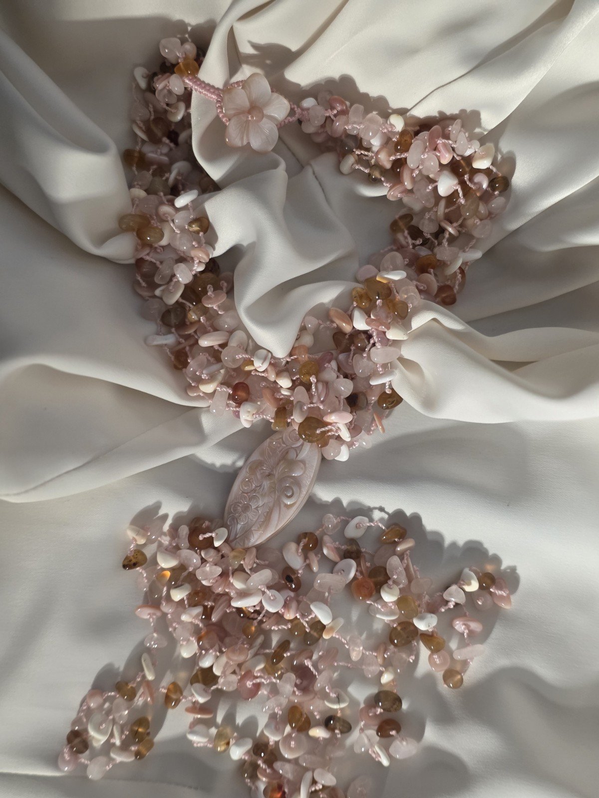 Sajen Multi Strand Gemstone Whimsical Statement Necklace Shell Rose Quartz