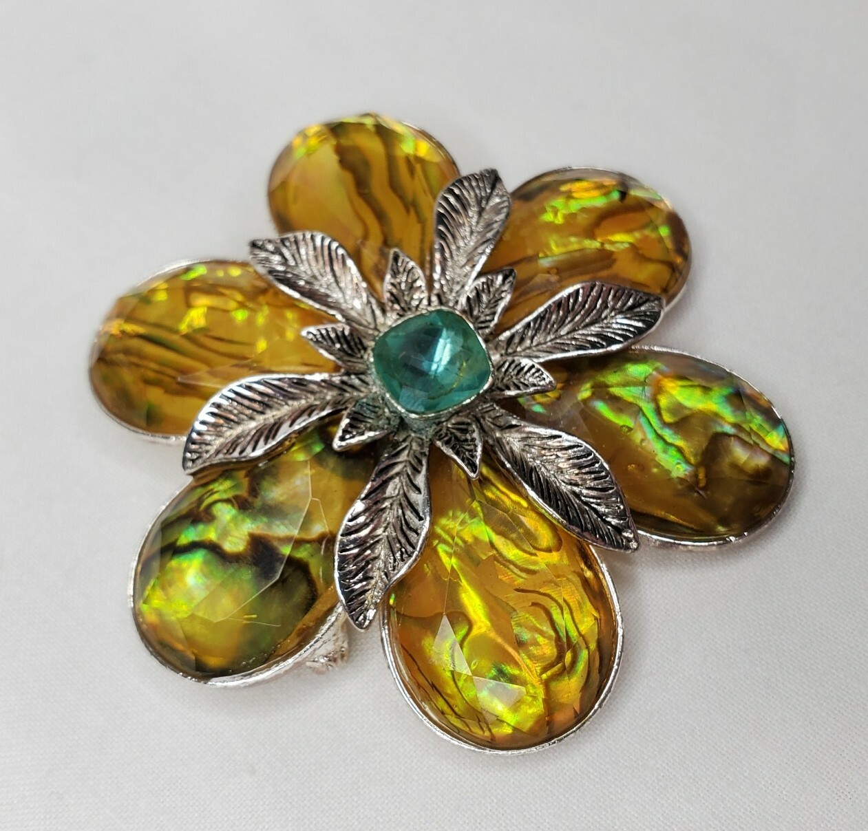 Vintage Monet Flower Brooch Yellow Acrylic Turquoise Faceted Stone Silver Tone