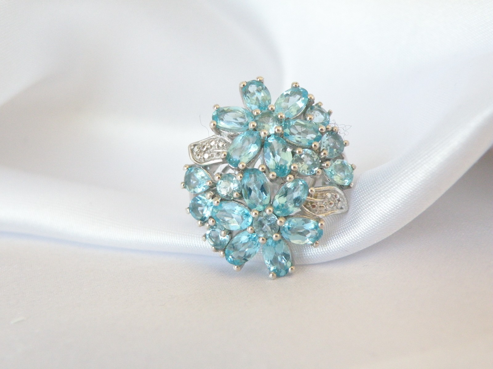 Vintage Sterling Silver 925 Cluster Natural Aqua Blue Apatite Large Ring Size 6