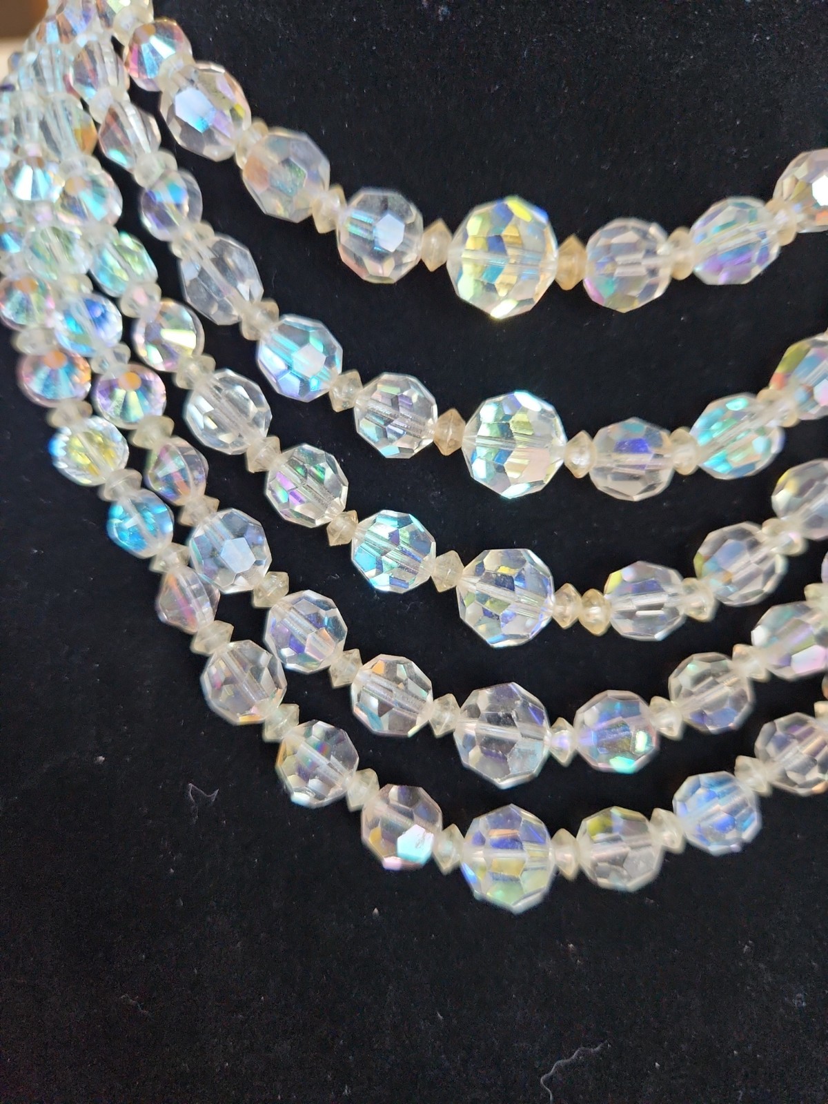 VINTAGE AURORA BOREALIS AB FACETED FIVE (5) STRAND CRYSTAL NECKLACE 11-16”
