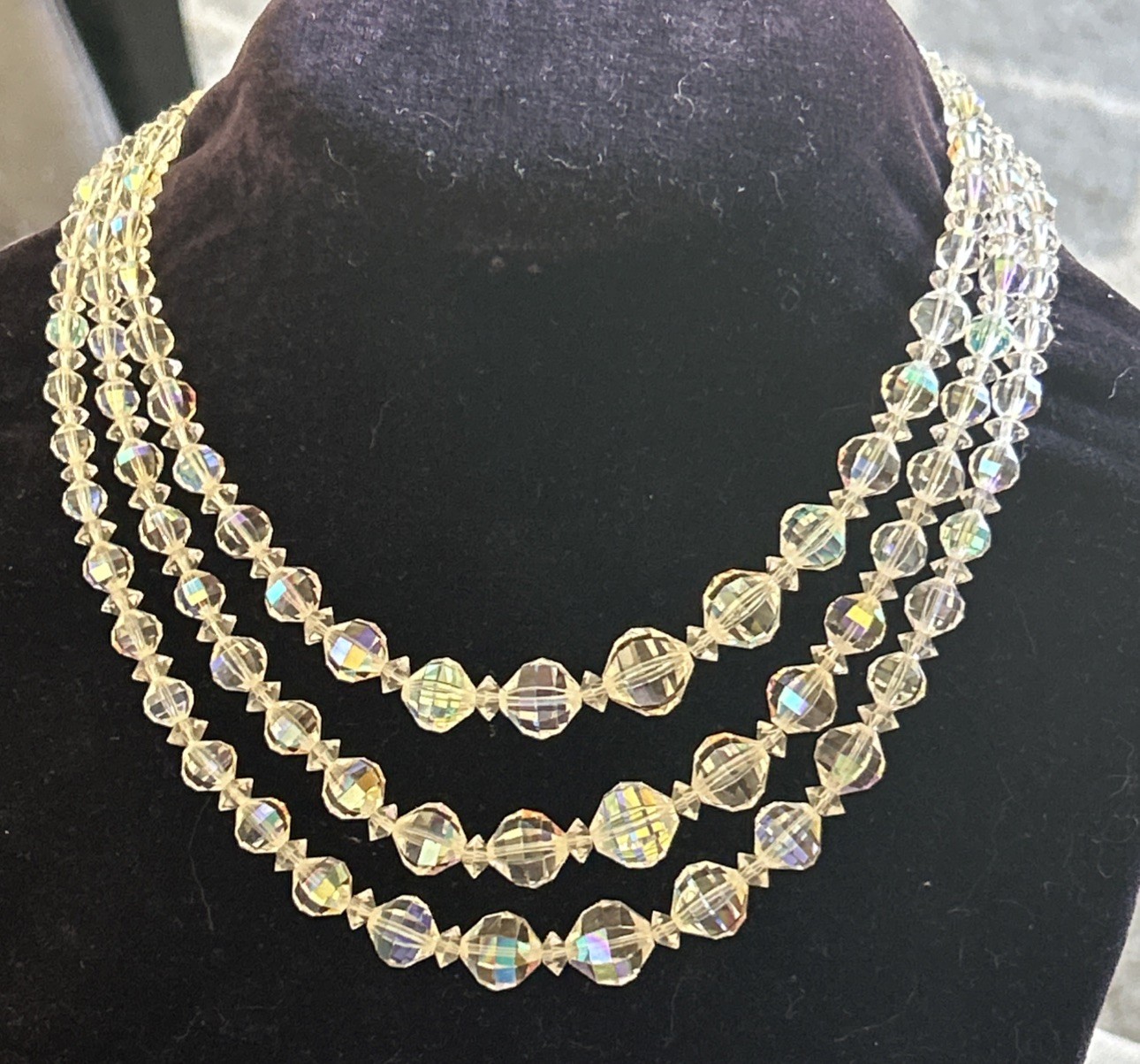 Laguna faceted clear crystal three strand 15” beaded necklace