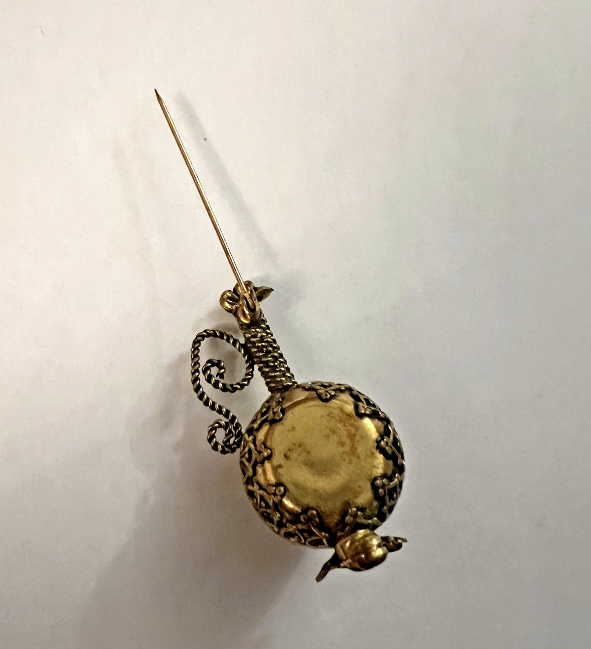 Vtg Handmade Gold Tone Metal Pansy Flora Needlepoint Jug Bottle Shape Brooch Pin