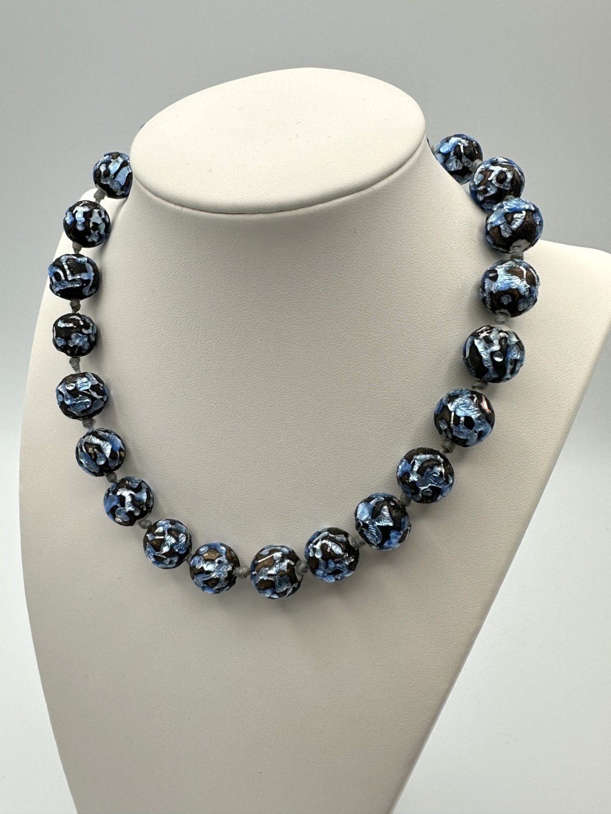 Vintage Czech Art Deco Foil Glass Beaded Choker Necklace Iridescent Blue Bronze