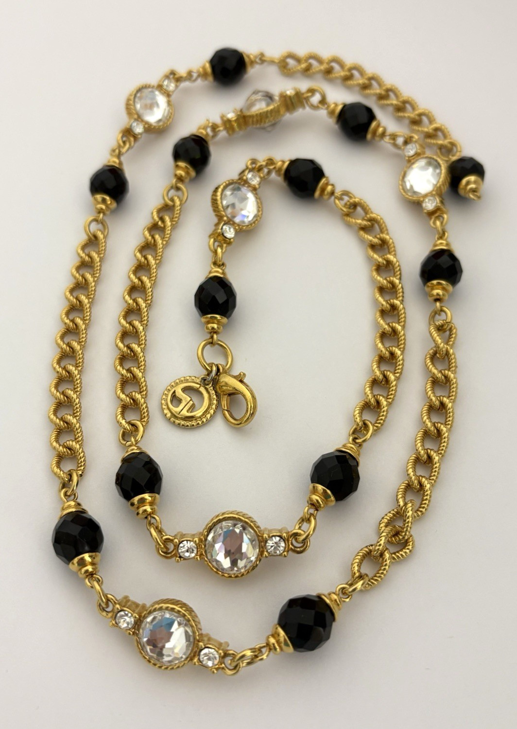 Vintage St. John Necklace Thick Textured Gold Tone Chain Black Clear Glass Beads