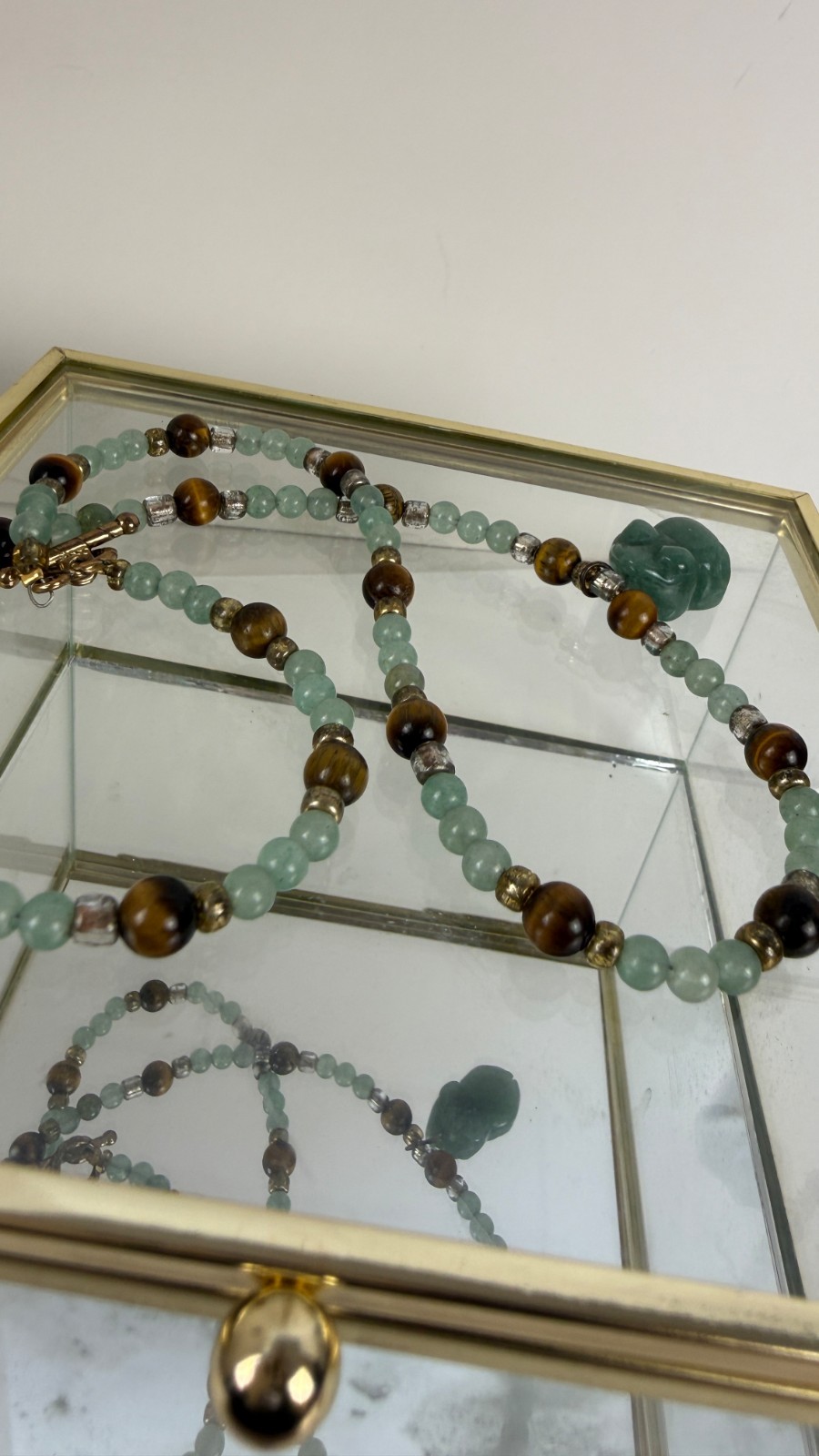 Green Aventurine & Tiger’s Eye Beaded Necklace | Carved Stone Frog Pendant 18″