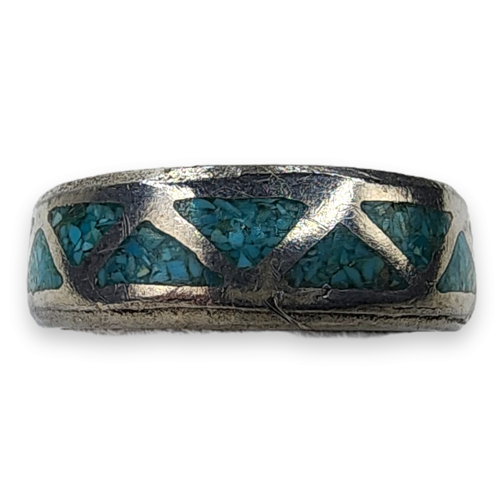 Vintage Southwestern Souvenir Nickel Silver Turquoise Chip Inlay Ring Size 10.5