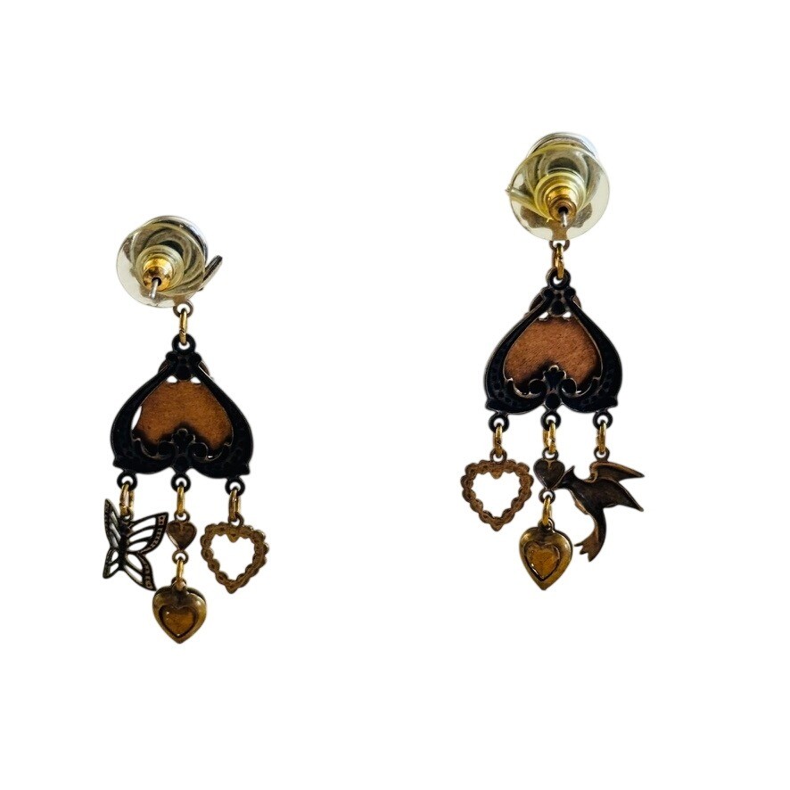 VTG Glass Works Studio Charm Earrings Crystal Enamel Heart Bird Victorian Style