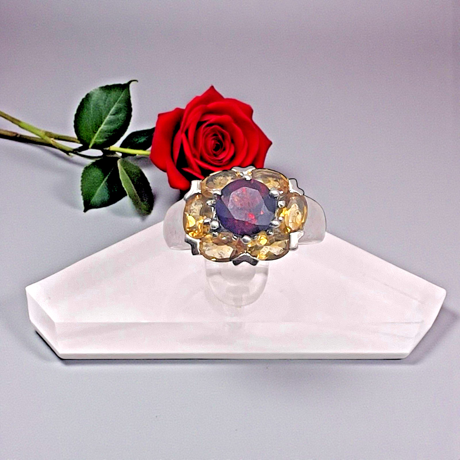 Estate Red & Yellow CZ Cluster 925 Sterling Silver Cocktail Ring, size 7