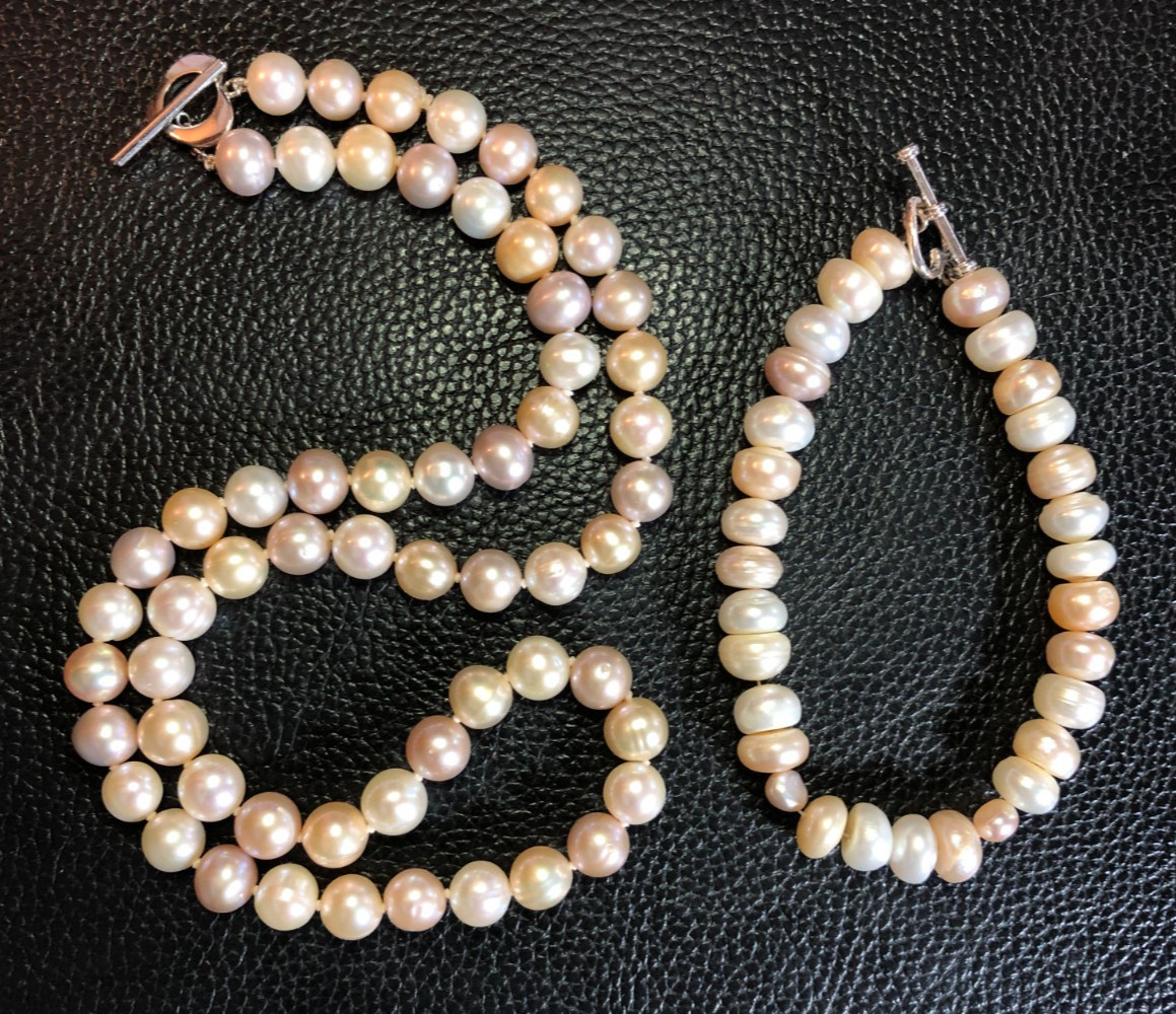 Pastel Multi-Color Cultured Pearl Strand Necklace Peach Gold Pink +Bracelet P5