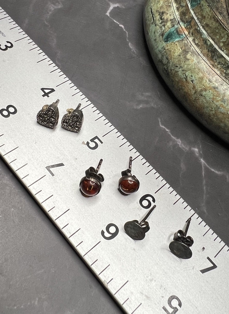 VTG 925 Sterling Silver Marcasite Heart Round Amber Stud Earrings Set