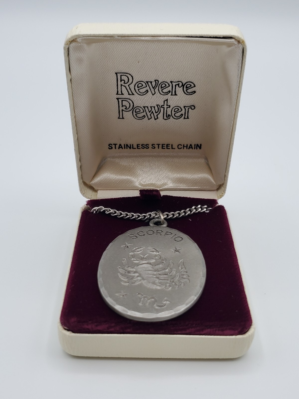 Vintage Revere Pewter Scorpio Zodiac Pendant w/24″ Stainless Steel Chain