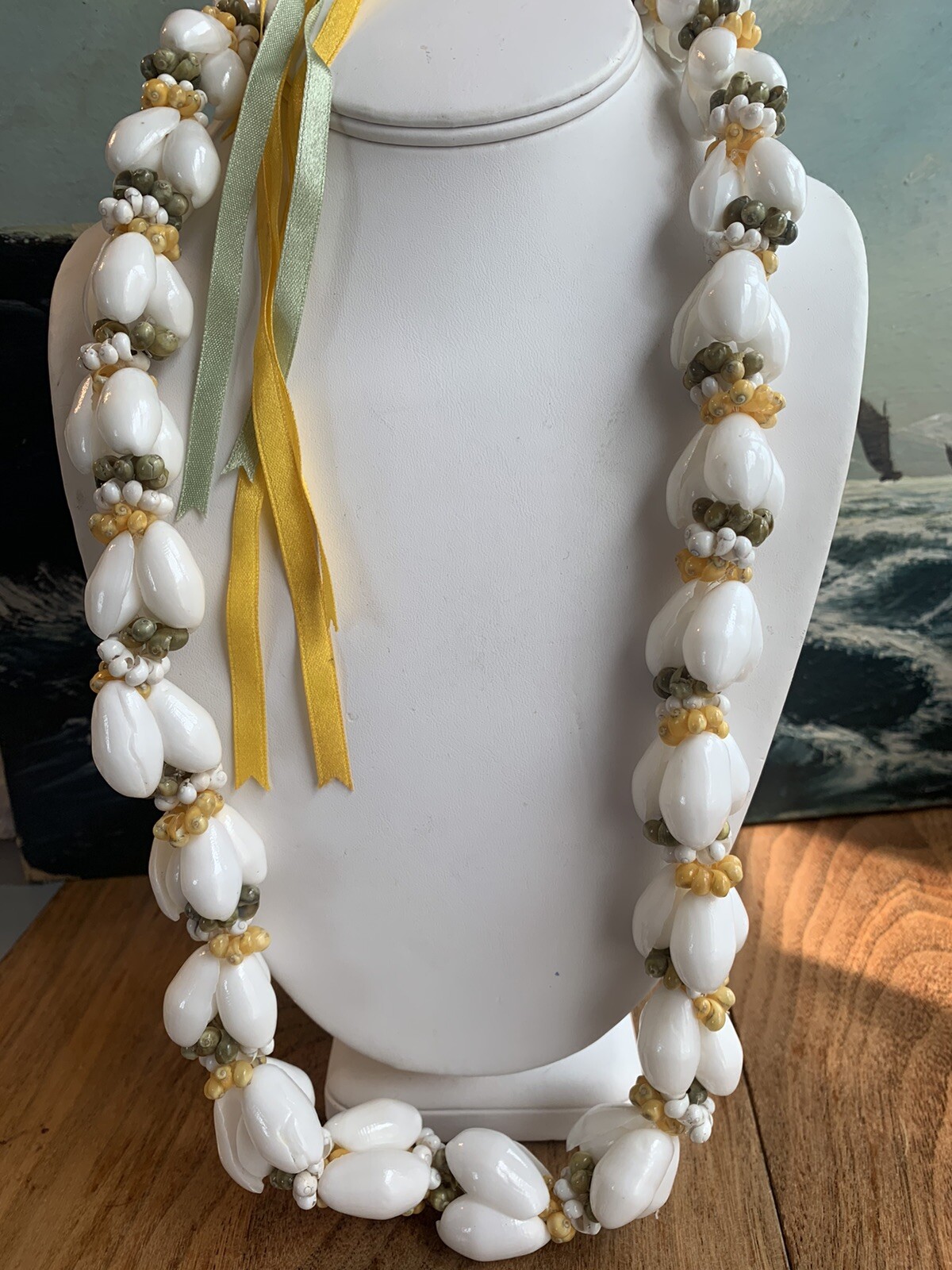 Vintage Hawaiian Shell Lei Necklace With Ribbons Handmade 26” Long-AMAZING !