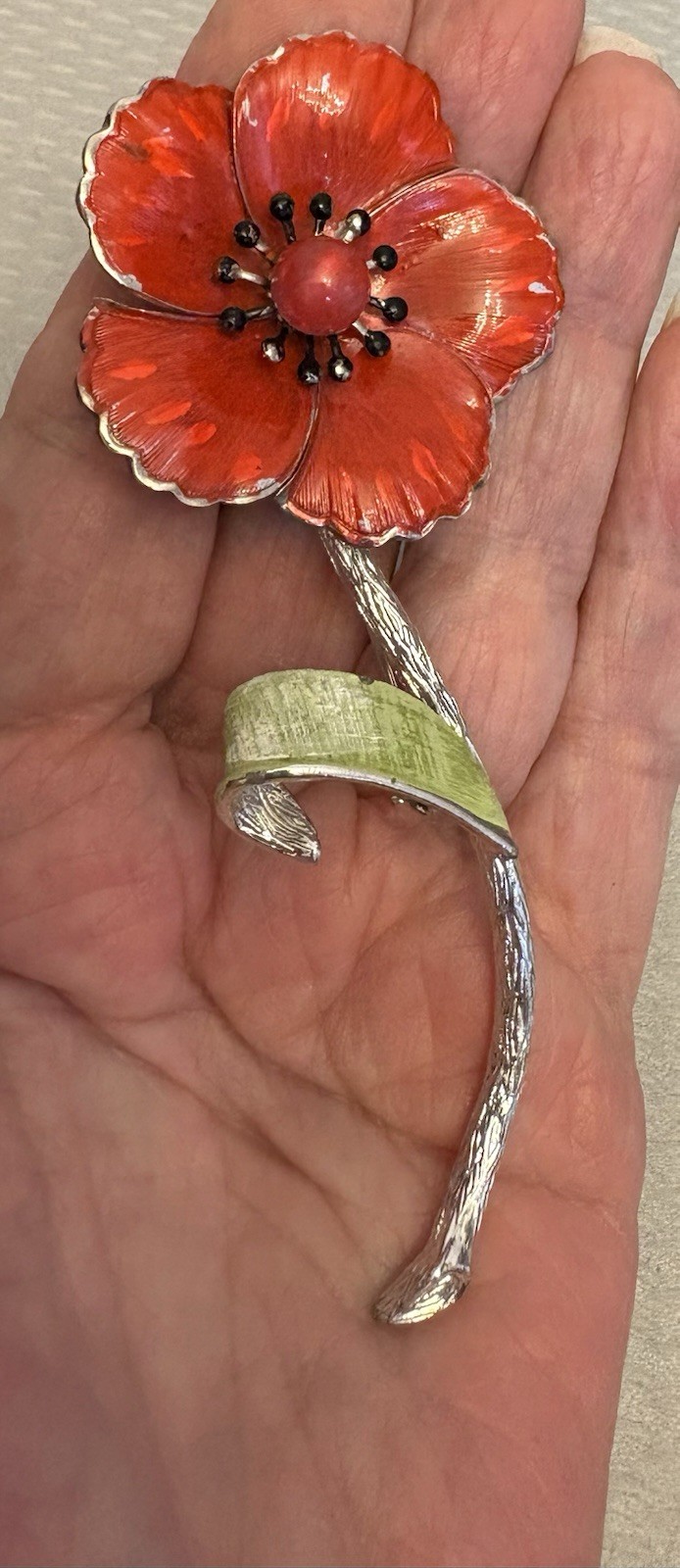 Vintage 60s Enamel Flower Power Brooch Long Stem Red Poppy Silvertone 4.25″