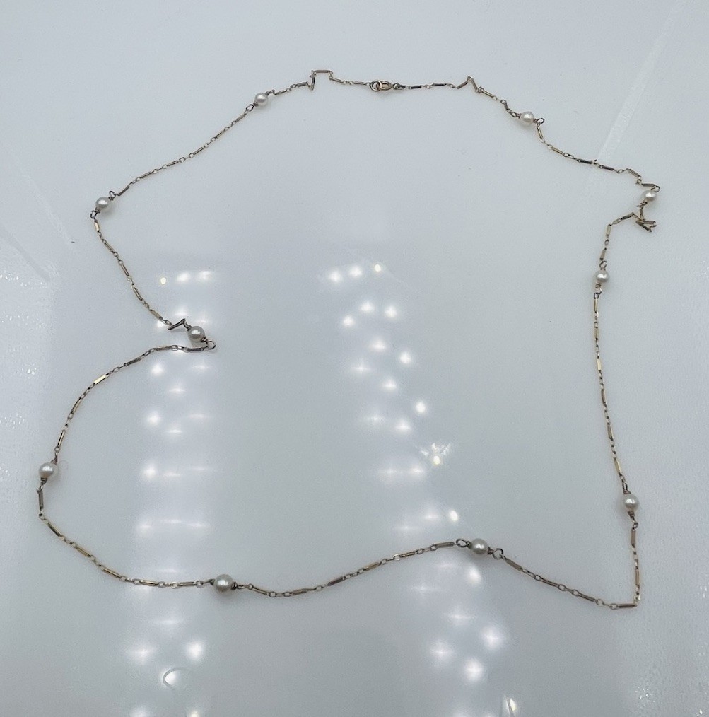 Antique 14k Yellow Gold Pearl Station Bar Link Chain Necklace