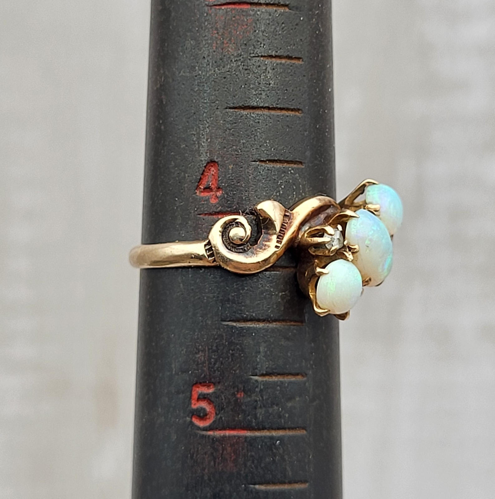 Antique Victorian 10K Gold Trilogy Opal & Diamond Ring Sz 4.25