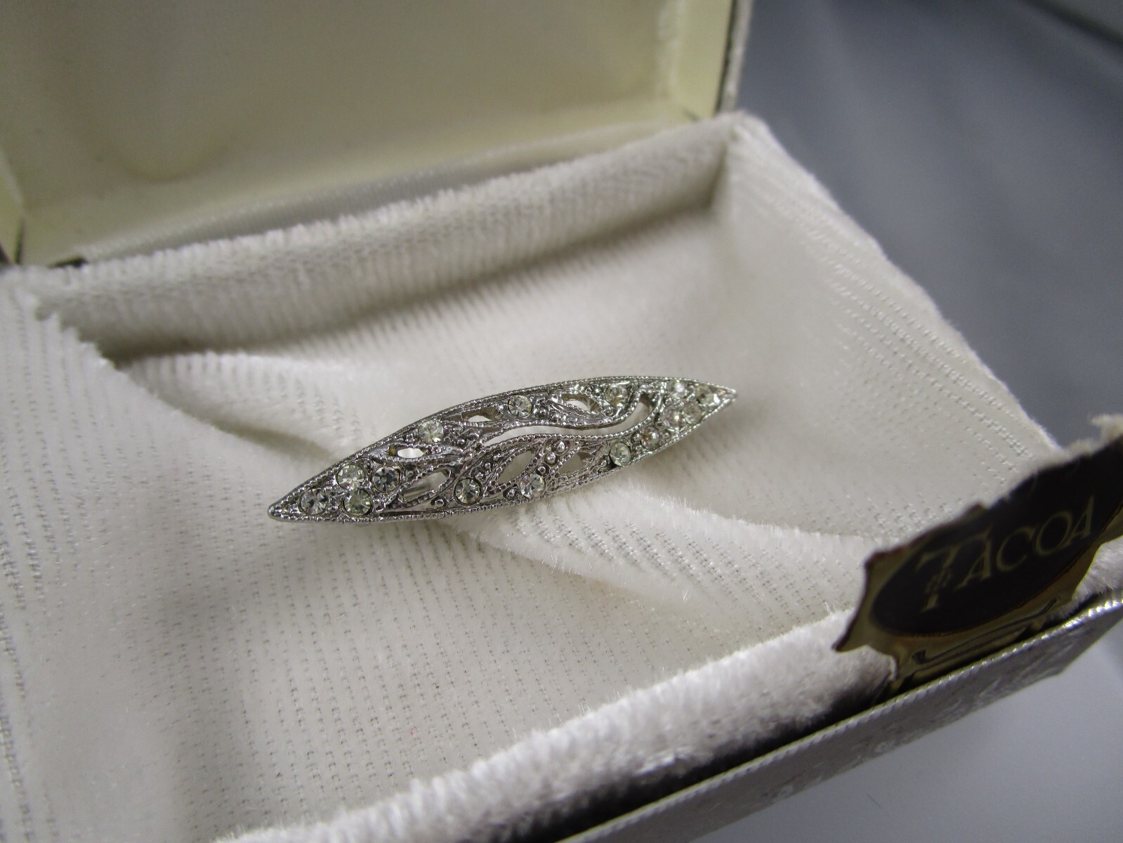 Vintage TACOA New in Box Silver Tone Clear Rhinestones Brooch Pin 6376
