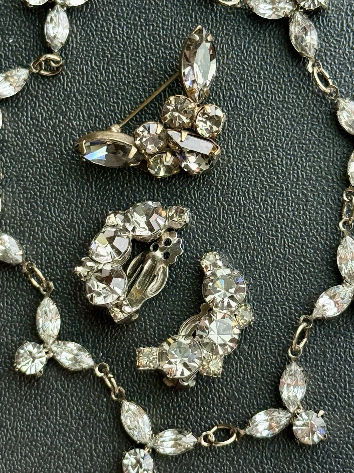 Vintage Designer Jewelry Lot Smoky Grey Rhinestone Necklace Brooch Earrings. A
